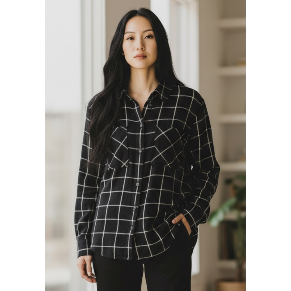 Sanctuary Black White Grid Boyfriend Shirt Long Sleeve Button Down Women's XS